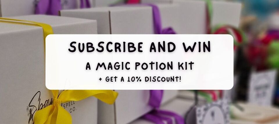 Gift boxes adorned with vibrant ribbons announce a magical offer: subscribe and win a magic potion kit from Sparkle & Spell Co. Plus, enjoy a 10% discount welcome offer!