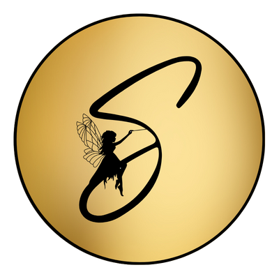 Gold circular Sparkle & Spell Co. logo, featuring black letter S with a fairy sitting on it 