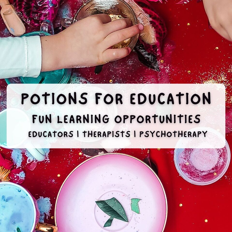 little kids playing with magic potions on a red table cloth