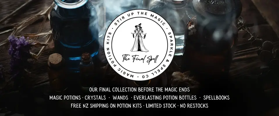 Sparkle & Spell Co. The Final Spell collection banner featuring handmade magic potion bottles, crystals and spellbooks — limited stock magical gifts with free NZ shipping.