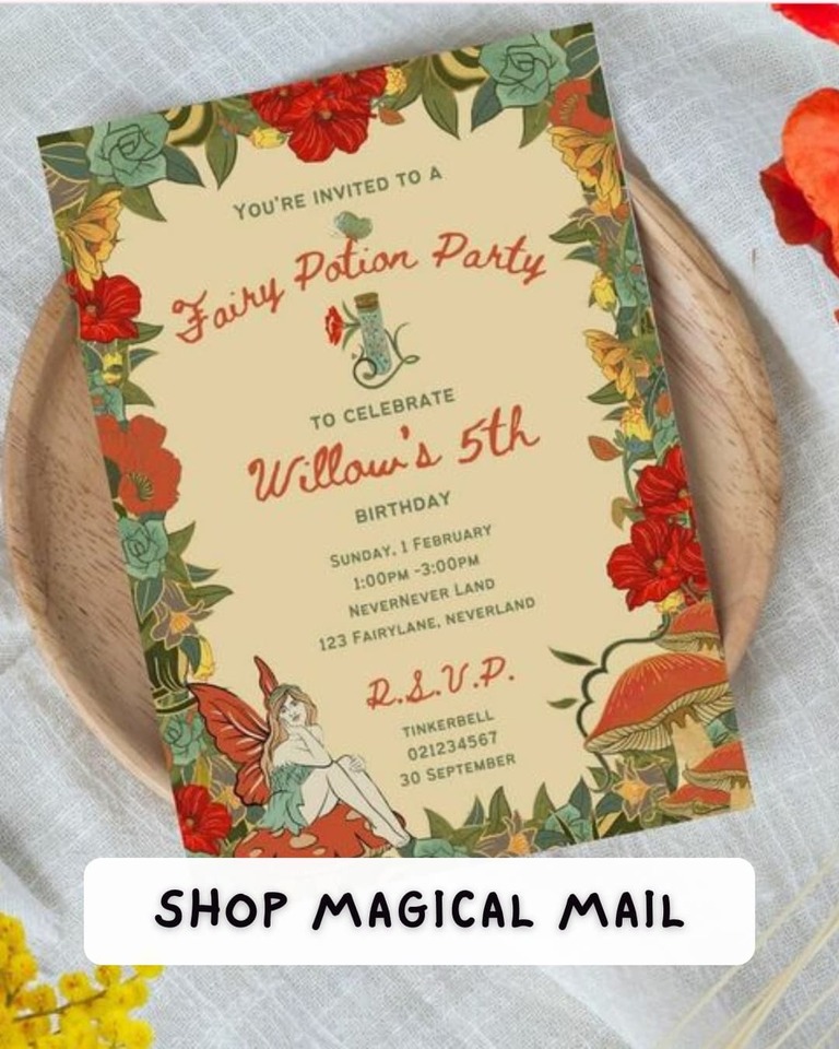 yellow flower fairy potion party invitation on white linen